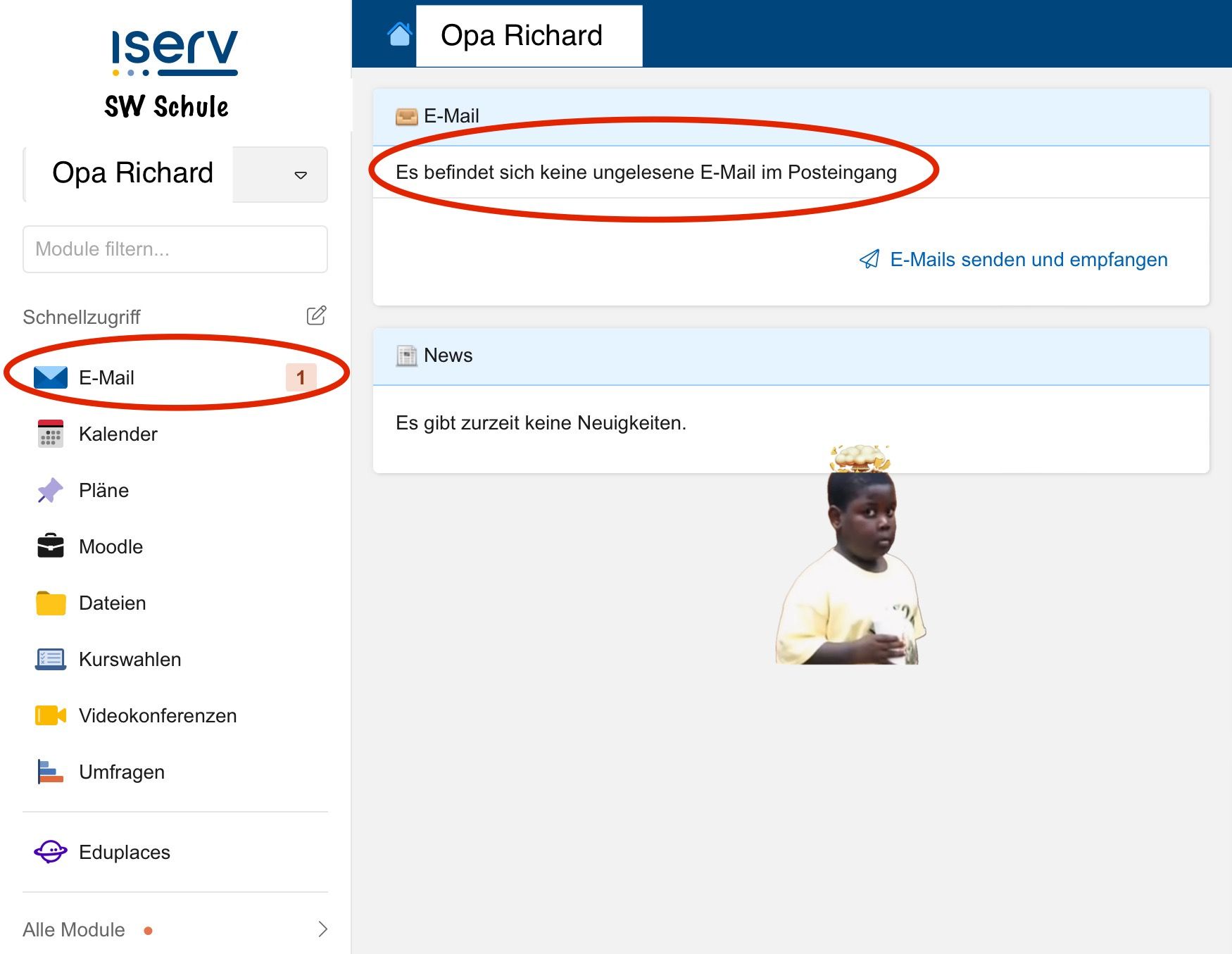 Ein Screenshot der IServ-Oberfläche von Opa Richard zeigt, dass keine ungelesenen E-Mails im Posteingang sind. Unter dem News-Bereich wird angezeigt, dass es keine Neuigkeiten gibt. Unten rechts ist ein kleiner Sticker von einem Jungen mit Krone zu sehen.