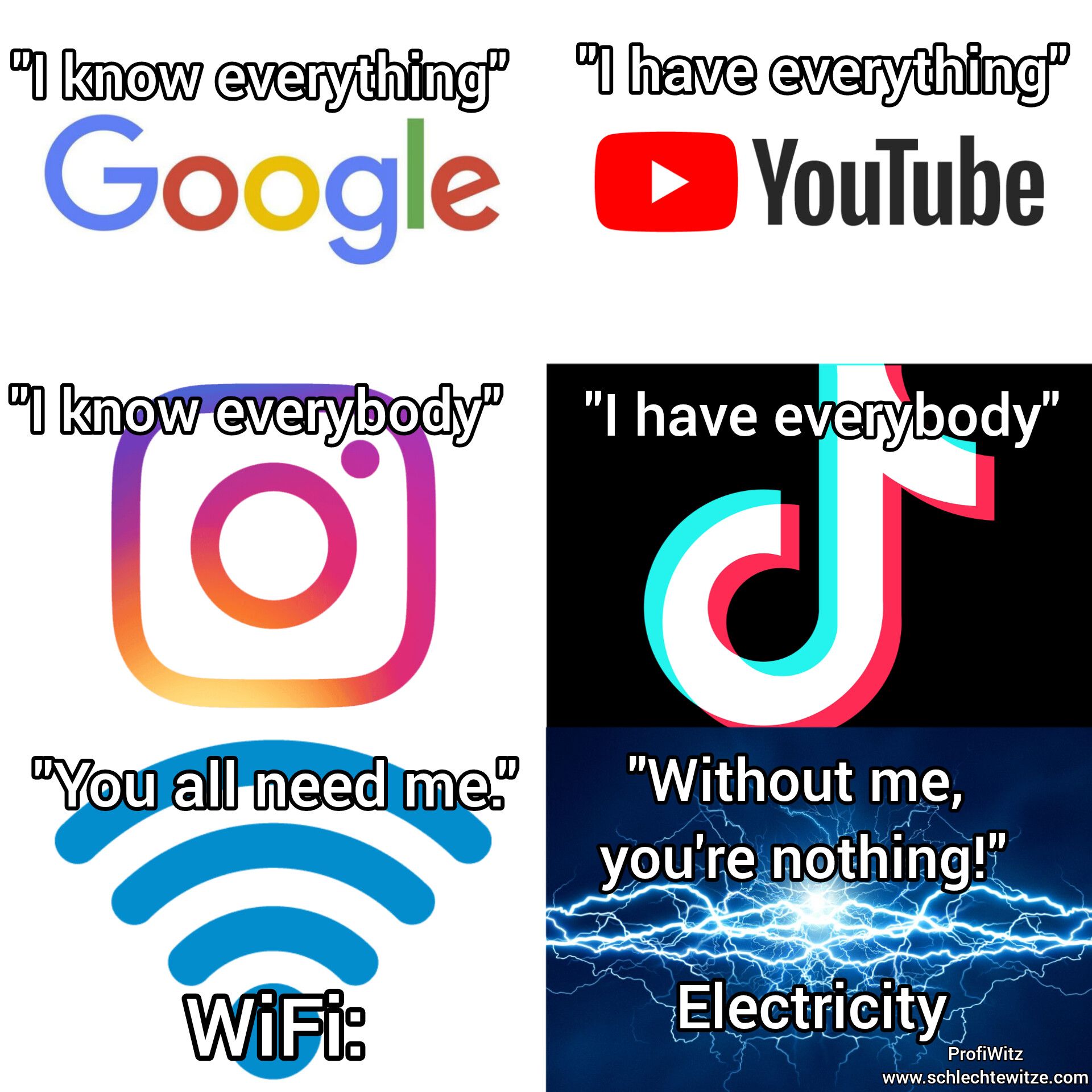 "I know everything" "I have everything"
Google YouTube
"I know everybody" "I have everybody"
"You all need me."
WiFi:
J
"Without me,
you're nothing!"
Electricity
ProfiWitz
www.schlechtewitze.com