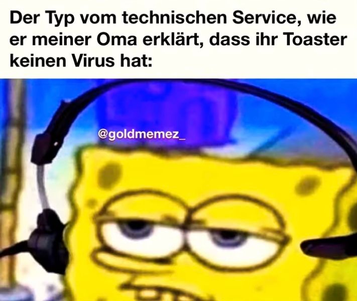 Der Typ vom technischen Service, wie
er meiner Oma erklärt, dass ihr Toaster
keinen Virus hat:
@goldmemez