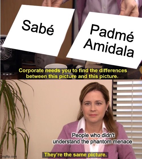 Sabé
Padmé
Amidala
Corporate needs you to find the differences
between this picture and this picture.
People who didn't
understand the phantom menace
mgflip.com
They're the same picture.