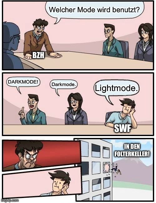 BZH
Welcher Mode wird benutzt?
DARKMODE!
Darkmode.
Lightmode.

SWE
IN DEN
FOLTERKELLER!