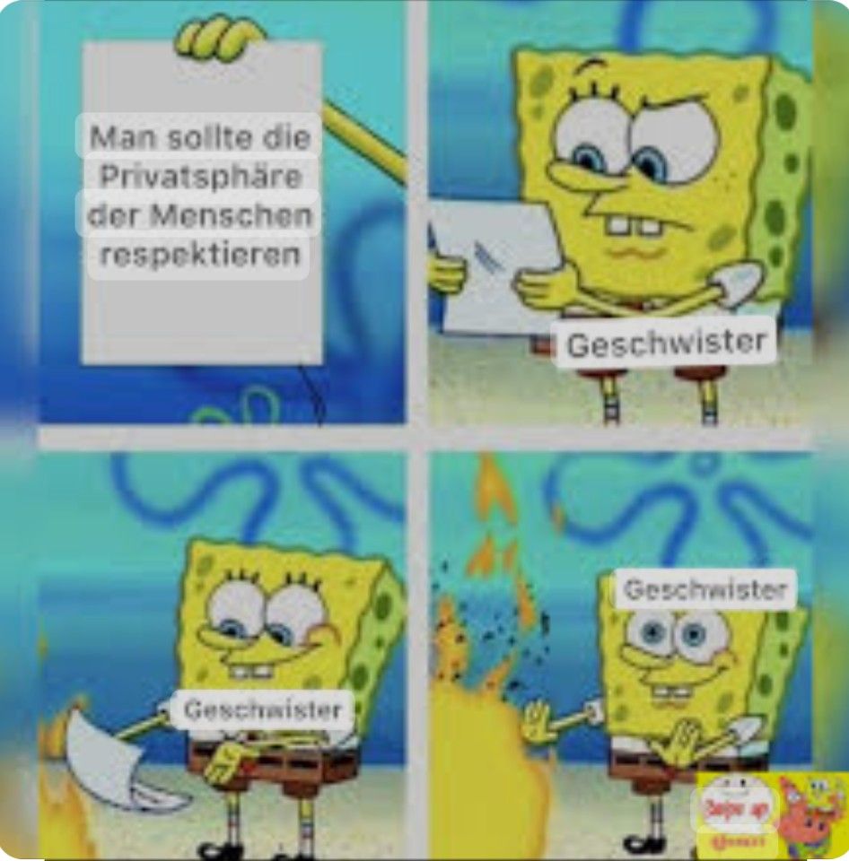 Das Meme zeigt Spongebob in vier Bildern. Im ersten Bild hält Spongebob ein Papier mit der Aufschrift "Man sollte die Privatsphäre der Menschen respektieren". Im zweiten Bild schaut Spongebob etwas skeptisch auf ein Papier mit der Aufschrift "Geschwister". Im dritten Bild zerreißt Spongebob das Papier "Geschwister". Im letzten Bild verbrennt Spongebob ein Papier mit der Aufschrift "Geschwister".