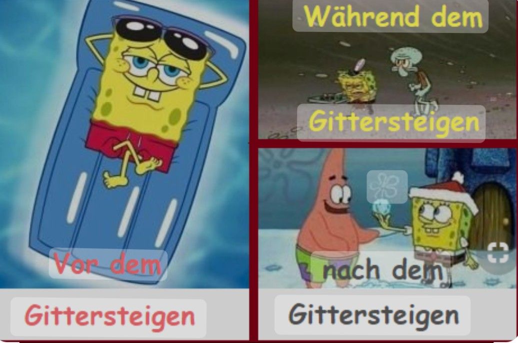 Das Bild zeigt drei Szenen mit Spongebob. In der ersten Szene liegt Spongebob entspannt auf einer Luftmatratze im Wasser. In der zweiten Szene ist Spongebob mitgenommen und wird von Thaddäus angefeuert. In der dritten Szene hält Patrick Spongebob ein Geschenk hin, während Spongebob eine Weihnachtsmütze trägt. Über den Szenen stehen die Texte "Vor dem Gittersteigen", "Während dem Gittersteigen" und "Nach dem Gittersteigen".