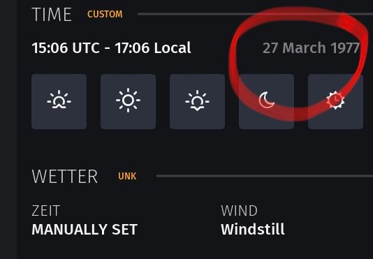 TIME CUSTOM
15:06 UTC - 17:06 Local
27 March 1977
WETTER UNK
ZEIT
MANUALLY SET
WIND
Windstill