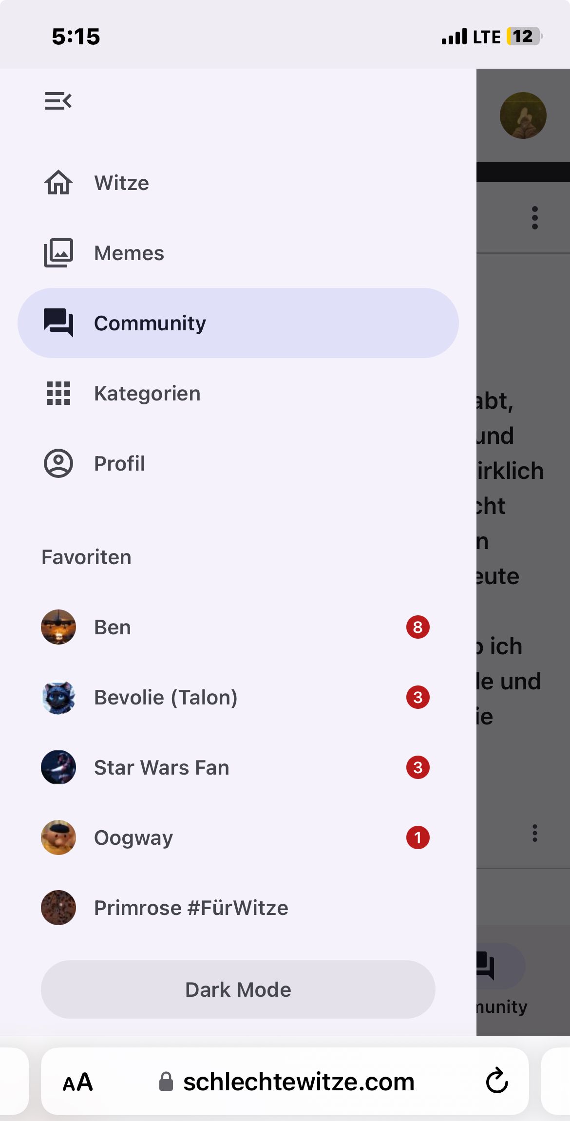 5:15
..Il LTE 12
E<
介 Witze
Memes
Community
Kategorien
abt,
und
Profil
Favoriten
AA
irklich
cht
n
eute
Ben
8
b ich
le und
Bevolie (Talon)
3
ie
Star Wars Fan
3
Oogway
Primrose #FürWitze
Dark Mode
schlechtewitze.com
1
nunity