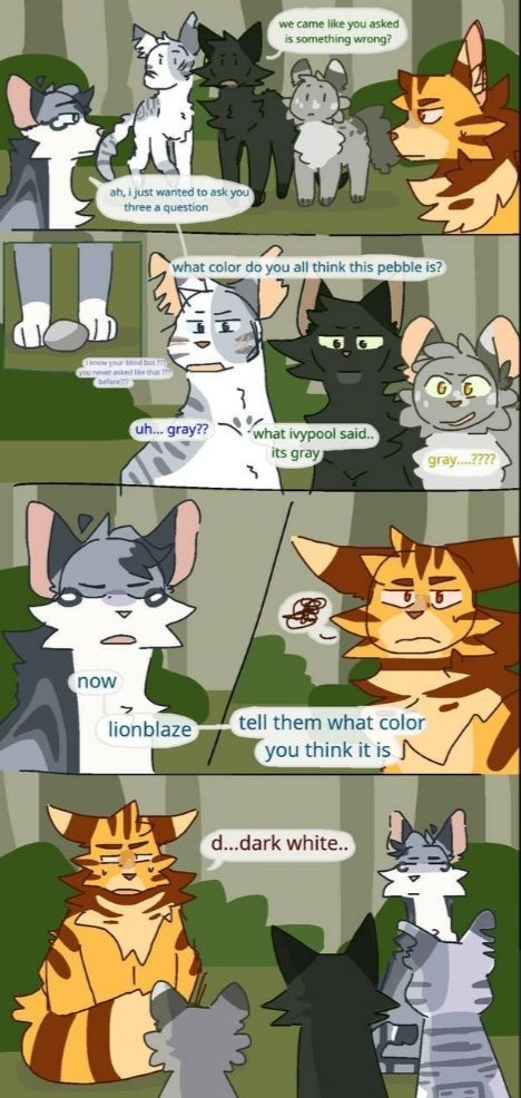 ah, i just wanted to ask you
three a question
know your Mind but
never asked the that
before??
now
we came like you asked
is something wrong?
what color do you all think this pebble is?
uh... gray??
what ivypool said..
its gray
gray....????
lionblaze
tell them what color
you think it is N
d...dark white..