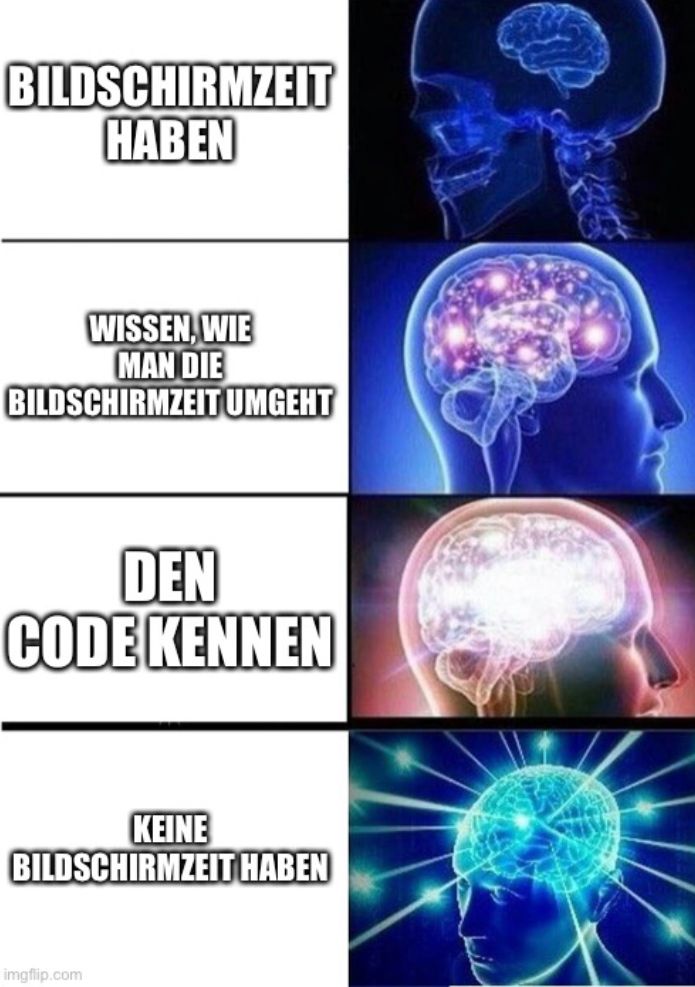 BILDSCHIRMZEIT
HABEN
WISSEN, WIE
MAN DIE
BILDSCHIRMZEIT UMGEHT
DEN
CODE KENNEN
KEINE
BILDSCHIRMZEIT HABEN
