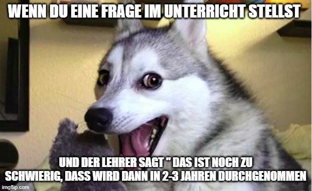 WENN DU EINE FRAGE IM UNTERRICHT STELLST
UND DER LEHRER SAGT" DAS IST NOCH ZU
SCHWIERIG, DASS WIRD DANN IN 2-3 JAHREN DURCHGENOMMEN
