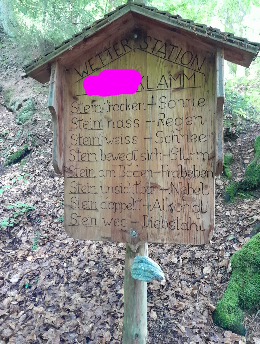 WETTER
STATION
KLAMM
Stein trocken Sonne
Stein mass-Regen
Stein weiss Schnee
Stein bewegt sich-Sturm
Stein am Boden-Erdbeben
Stein unsichtbar-Nebel
Stein doppelt-Alkohol
Stein weg-Diebstahl