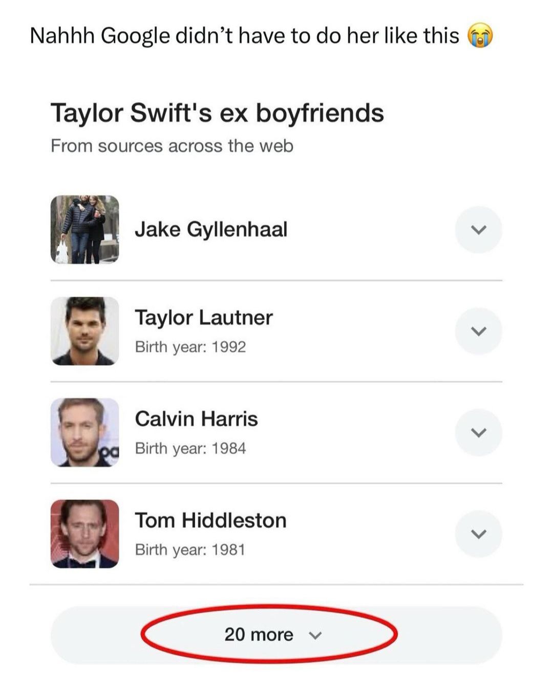 Nahhh Google didn't have to do her like this
Taylor Swift's ex boyfriends
From sources across the web
Jake Gyllenhaal
Taylor Lautner
Birth year: 1992
Calvin Harris
Birth year: 1984
Tom Hiddleston
Birth year: 1981
20 more
く
>
>