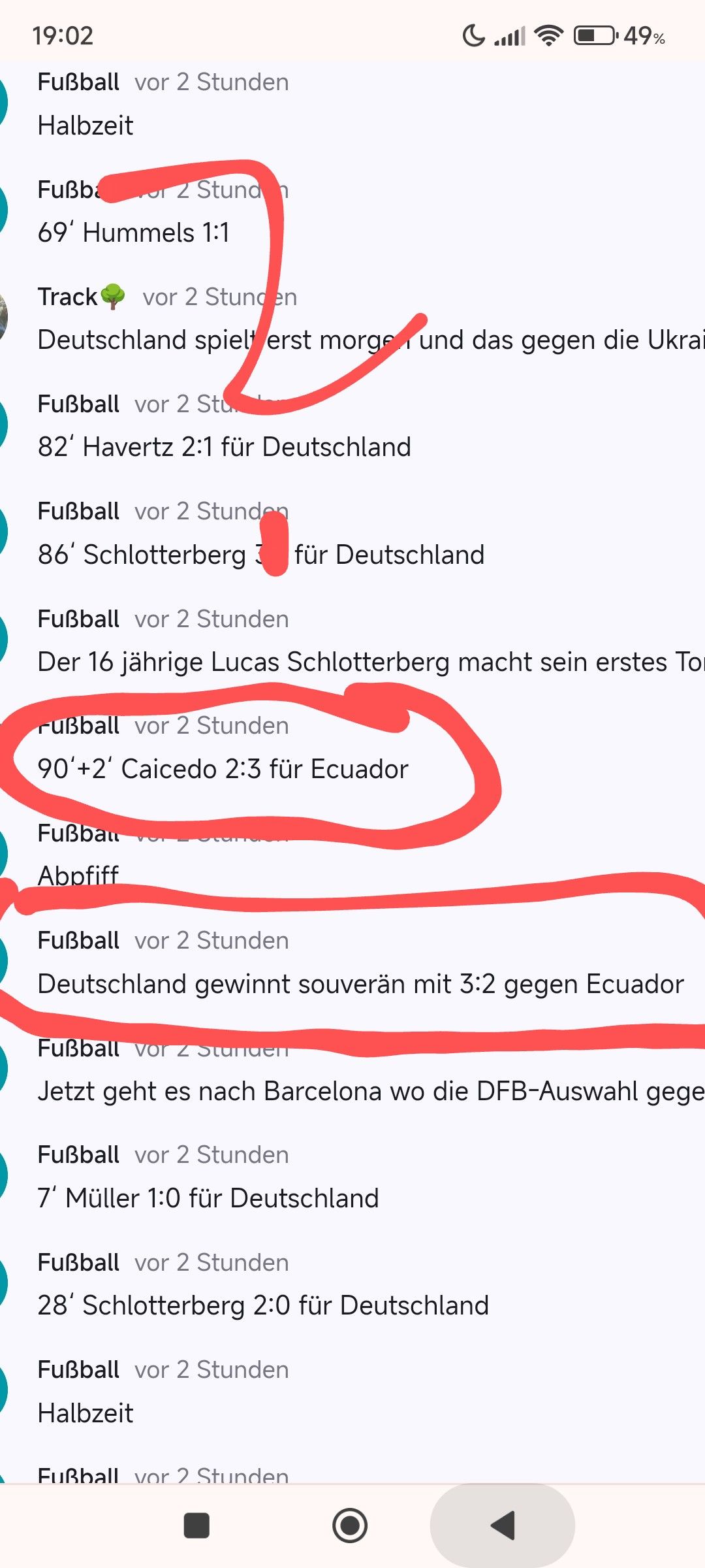 19:02
Fußball vor 2 Stunden
Halbzeit
Fußb
2 Stund
49%
69' Hummels 1:1
Track
vor 2 Stungen
Deutschland spielt erst morge und das gegen die Ukrai
Fußball vor 2 Stu
82' Havertz 2:1 für Deutschland
Fußball vor 2 Stunden
86' Schlotterberg für Deutschland
Fußball vor 2 Stunden
Der 16 jährige Lucas Schlotterberg macht sein erstes To
rußball vor 2 Stunden
90'+2' Caicedo 2:3 für Ecuador
Fußball
Abpfiff
Fußball vor 2 Stunden
Deutschland gewinnt souverän mit 3:2 gegen Ecuador
Fußball vor 2 Stunden
Jetzt geht es nach Barcelona wo die DFB-Auswahl gege
Fußball vor 2 Stunden
7' Müller 1:0 für Deutschland
Fußball vor 2 Stunden
28' Schlotterberg 2:0 für Deutschland
Fußball vor 2 Stunden
Halbzeit
Fußball vor 2 Stunden