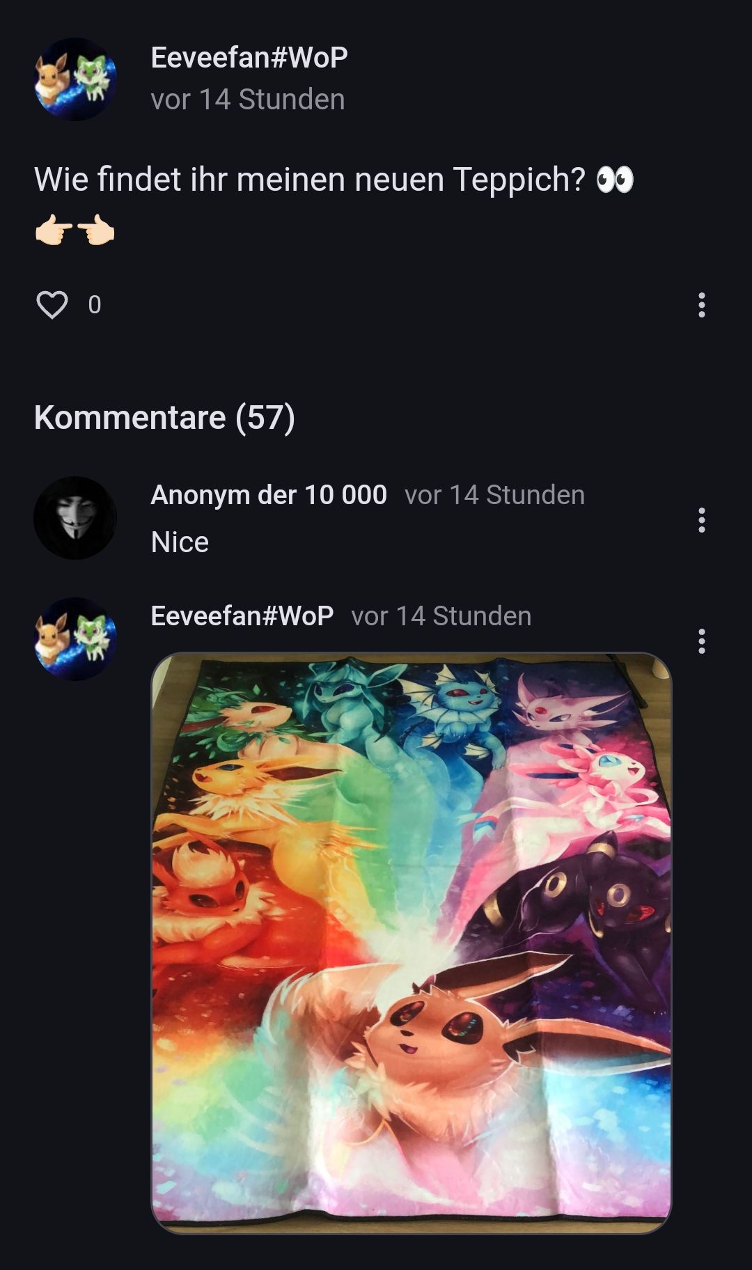 Eeveefan#WOP
vor 14 Stunden
Wie findet ihr meinen neuen Teppich? **
0
Kommentare (57)
Anonym der 10 000 vor 14 Stunden
Nice
Eeveefan#WoP vor 14 Stunden