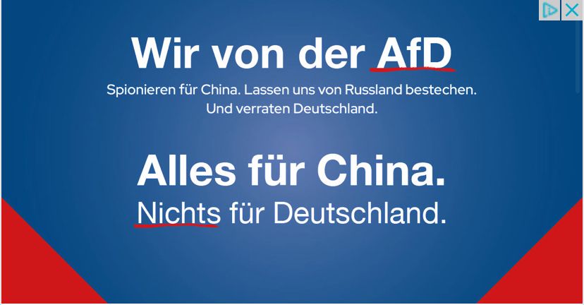 Wir von der AfD
Spionieren für China. Lassen uns von Russland bestechen.
Und verraten Deutschland.
Alles für China.
Nichts für Deutschland.
DX