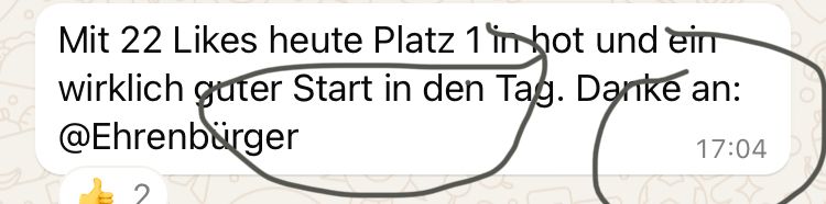 Mit 22 Likes heute Platz 1 in hot und ein
wirklich guter Start in den Tag. Danke an:
@Ehrenbürger
17:04