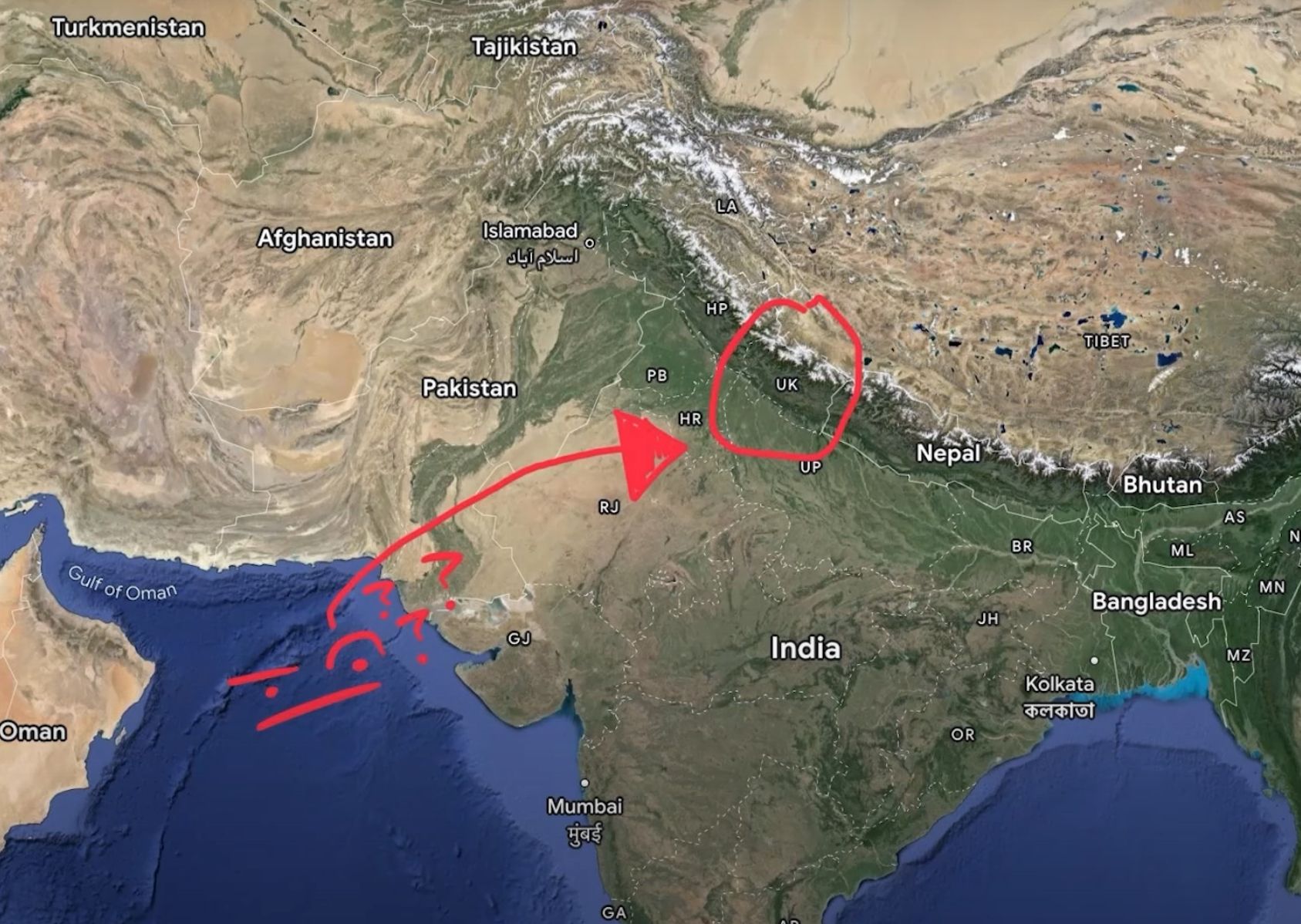 Turkmenistan
Tajikistan
Oman
Afghanistan
Islamabad
اسلام آباد
LA
O
HP
PB
Pakistan
UK
HR
Nepal
UP
RJ
Gulf of Oman
JH
GJ
India
Mumbai
मुंबई
GA
OR
BR
TIBET
Kolkata
কলকাতা
Bhutan
AS
N
ML
MN
Bangladesh
MZ