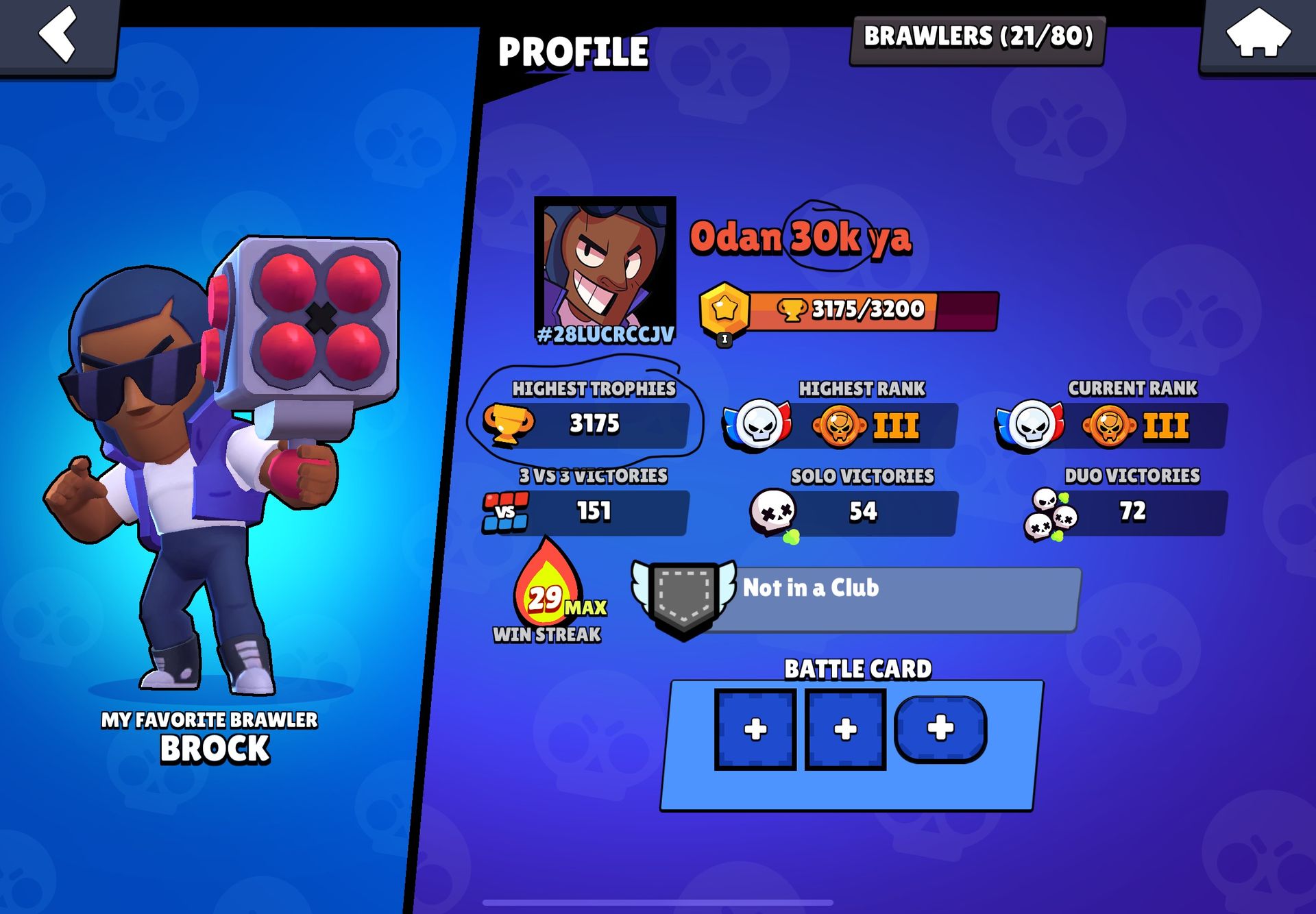 MY FAVORITE BRAWLER
BROCK
BRAWLERS (21/80)
PROFILE
#28LUCRCCJV
Odan 30k ya
3175/3200
HIGHEST TROPHIES
HIGHEST RANK
CURRENT RANK
3175
III
III
VS
3VS3 VICTORIES
151
SOLO VICTORIES
54
DUO VICTORIES
72
29 MAX
WIN STREAK
Not in a Club
BATTLE CARD
+
+