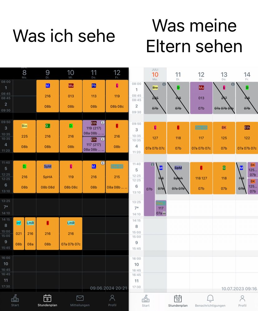 Was ich sehe
Was meine
Eltern sehen
JULI
8
10
11
12
10
11
12
13
14
Mo.
Di.
Mi.
Do.
Fr.
Mo.
Di.
Mi.
Do.
Fr.
08:00
08:00
Mu
Mu
Ph
i
1
Bie
D
Mu
D
1
08:45
08:45
2
216
013
113
119
08:45
285
+18
013
27
08:45
08b
08b
08b
08b 08c
2
07b
07b
07b
07a07b 0xe
076
09:30
09:30
09:50
Eth
09:50
Bio
G.
D.
E
3
119 (217)
BK
Eth
3
10:35
08a 08b.
225
216
216
216
10:35
127
10:35
Eth
118.
117
125
122
10:35
4
117 (217)
08b
08b
08b.
08b
4
11:20
08a 08b.
07a 07b 07c
07b
07a 07b 07c
07b
07a 07b 07c
11:20
11:40
11:40
D.
SpM
"
M.
BK
5
M
SpM
G
E
5
125..
12:25
216
SPHA
119
216
215
12:25
07b
12:25
48
SHA
118 127
118
12:25
BK.
6
08b
08b 08d
08b 08c
08b
08a 08b
6
125..
07b
07b
070 07b
07b
07b
076
13:10
13:10
07b
13:25
13:25
7*
7*
117
14:10
14:10
07am
14:15
14:15
Inf
LmR
LmR
8
8
15:00
021 216
15:00
216
216.
15:00
15:00
9
08b 08a
08b
07a 07b 07c
9
15:45
15:45
16:00
10
16:45
16:45
11
17:30
16:00
10
16:45
16:45
11
09.06.2024 20:21
17:30
10.07.2023 09:16
P
BB
6
E
10
D
Start
Stundenplan
Mitteilungen
Profil
Start
Stundenplan
Benachrichtigungen
Profil