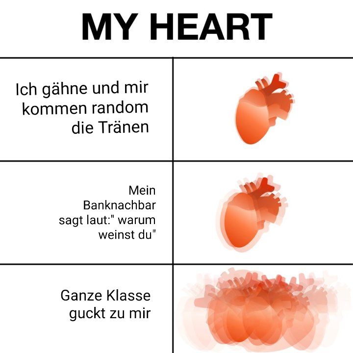 MY HEART
Ich gähne und mir
kommen random
die Tränen
Mein
Banknachbar
sagt laut:" warum
weinst du"
Ganze Klasse
guckt zu mir