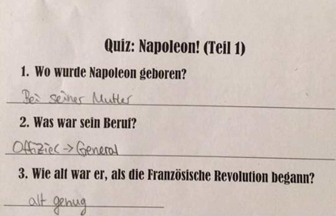 Quiz: Napoleon! (Teil 1)
1. Wo wurde Napoleon geboren?
Bei seiner Mutter
2. Was war sein Beruf?
Offiziel->General
3. Wie alt war er, als die Französische Revolution begann?
alt
genug