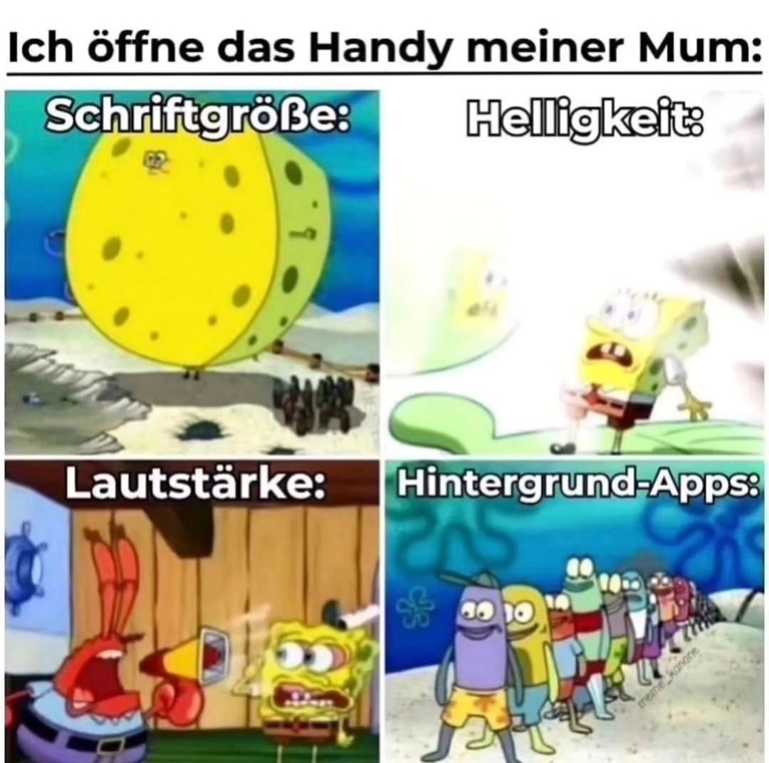 Ich öffne das Handy meiner Mum:
Schriftgröße:
Helligkeit:
Lautstärke: Hintergrund-Apps:
30 10
meme kanone