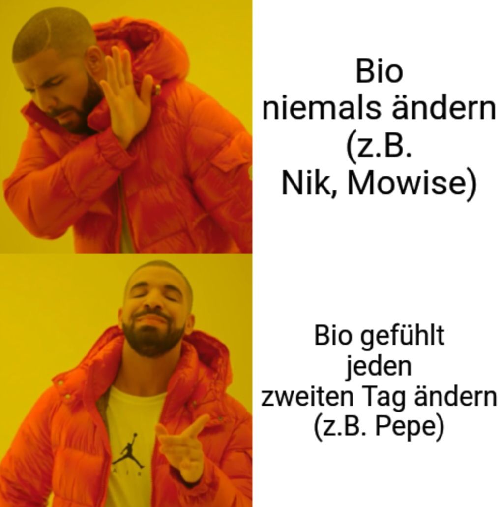 Bio
niemals ändern
(z.B.
Nik, Mowise)
Bio gefühlt
jeden
zweiten Tag ändern
(z.B. Pepe)