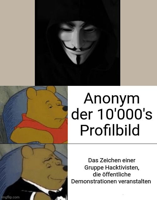 
Anonym
der 10'000's
Profilbild
Das Zeichen einer
Gruppe Hacktivisten,
die öffentliche
Demonstrationen veranstalten