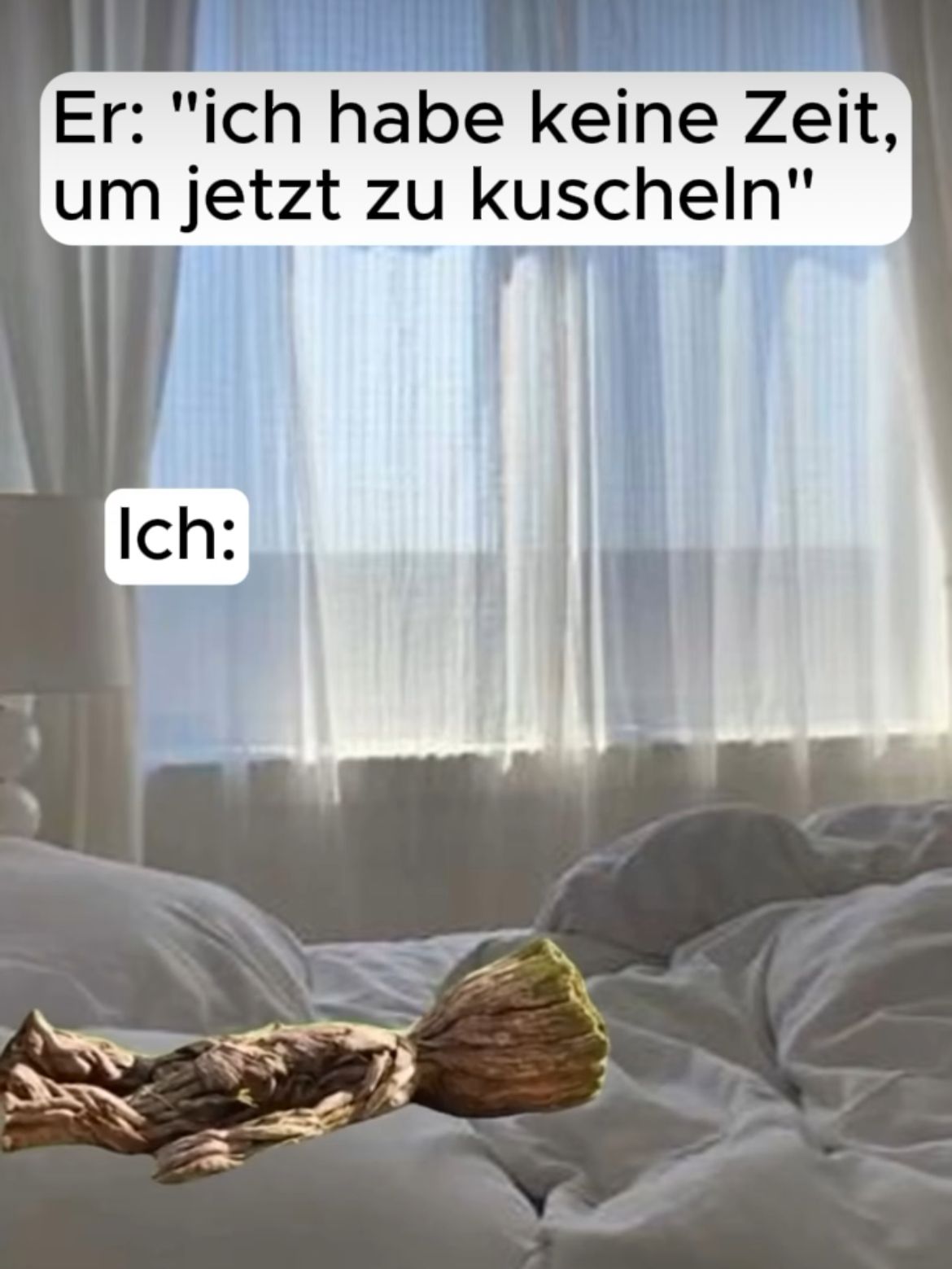 Er: "ich habe keine Zeit,
um jetzt zu kuscheln"
Ich: