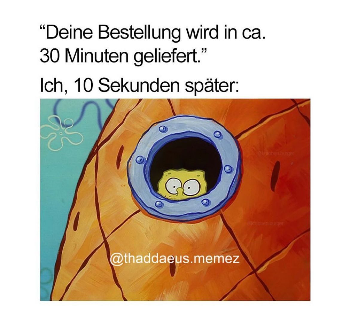 "Deine Bestellung wird in ca.
30 Minuten geliefert."
Ich, 10 Sekunden später:
@thaddaeus.memez
kraben burger
krabben burger