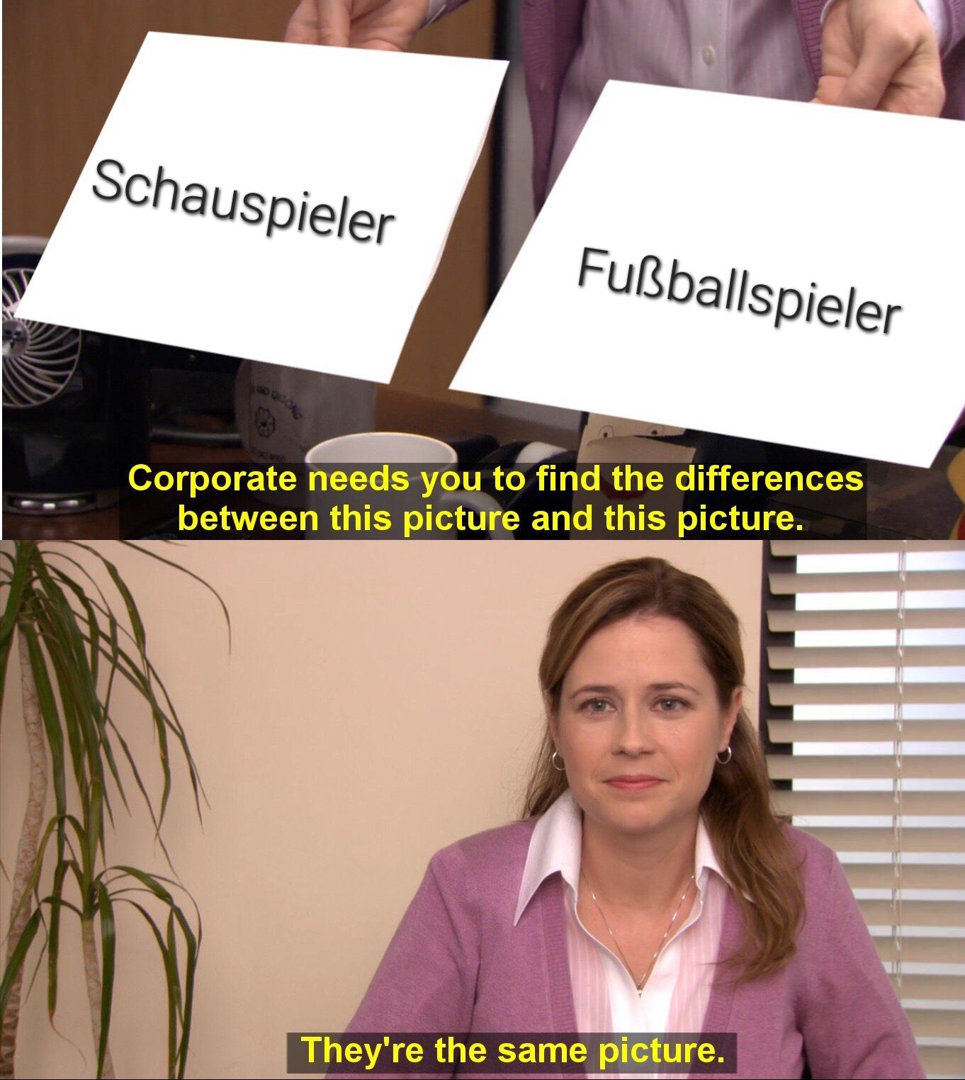 Schauspieler
Fußballspieler
Corporate needs you to find the differences
between this picture and this picture.
They're the same picture.