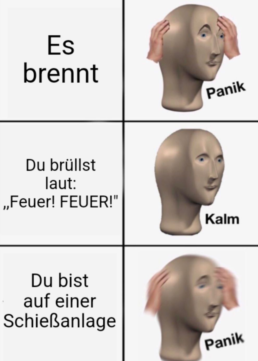 Es
brennt
Du brüllst
laut:
,,Feuer! FEUER!"
Du bist
auf einer
Schießanlage
Panik
Kalm
Panik