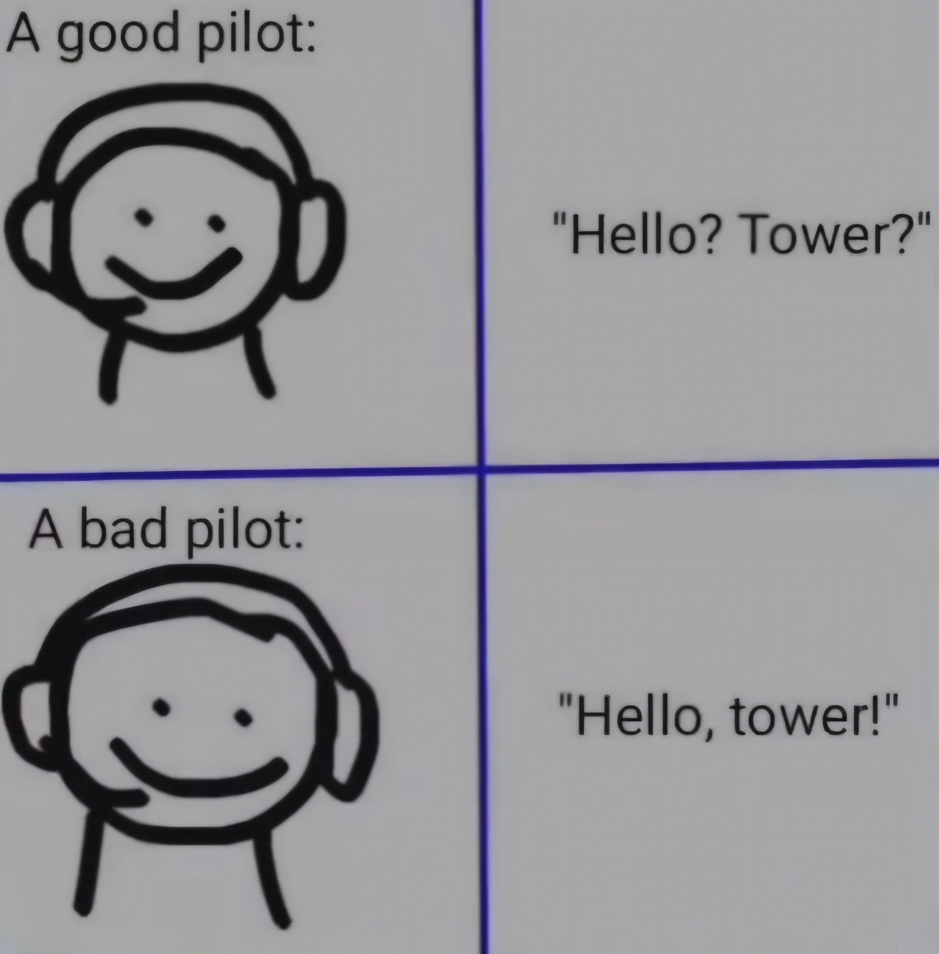 A good pilot:
"Hello? Tower?"
A bad pilot:
"Hello, tower!"