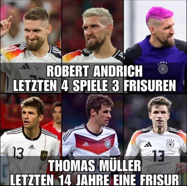 Das Bild zeigt einen Vergleich zwischen den Frisuren von Robert Andrich und Thomas Müller. Robert Andrich hat in den letzten vier Spielen drei verschiedene Frisuren gehabt, während Thomas Müller seit 14 Jahren die gleiche Frisur hat.