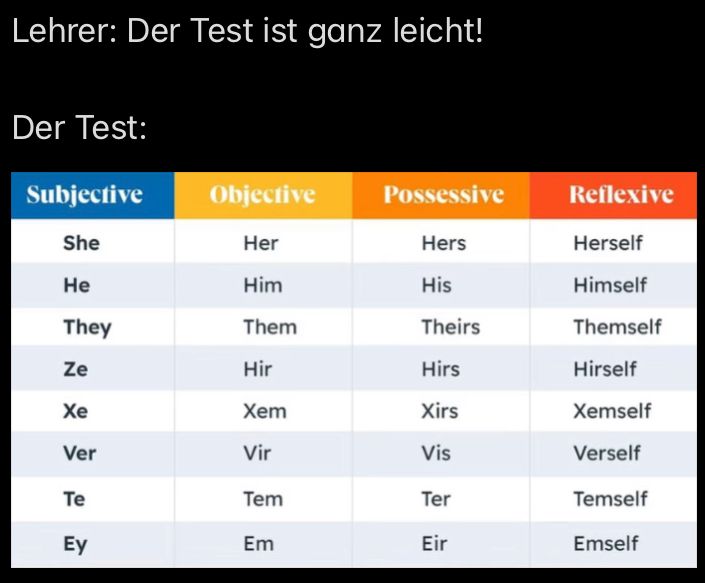 Lehrer: Der Test ist ganz leicht!
Der Test:
Subjective
Objective
Possessive
Reflexive
She
Her
Hers
Herself
He
Him
His
Himself
They
Them
Theirs
Themself
Ze
Hir
Hirs
Hirself
Xe
Xem
Xirs
Xemself
Ver
Vir
Vis
Verself
Te
Tem
Ter
Temself
Ey
Em
Eir
Emself