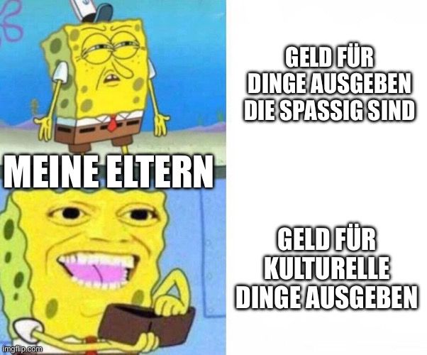 MEINE ELTERN
GELD FÜR
DINGE AUSGEBEN
DIE SPASSIG SIND
GELD FÜR
KULTURELLE
DINGE AUSGEBEN
