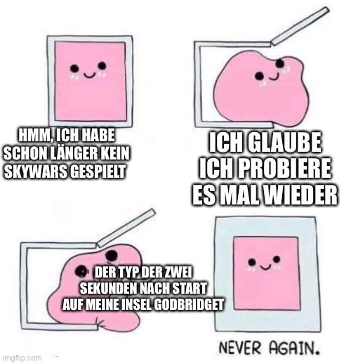 HMM, ICH HABE
SCHON LÄNGER KEIN
SKYWARS GESPIELT
ICH GLAUBE
ICH PROBIERE
ES MAL WIEDER
Imgflip.com
DER TYP DER ZWEI
SEKUNDEN NACH START
AUF MEINE INSEL GODBRIDGET
NEVER AGAIN.