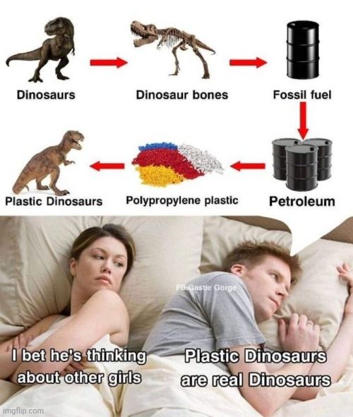 Dinosaurs
Dinosaur bones
Fossil fuel
Plastic Dinosaurs
Polypropylene plastic
Petroleum
I bet he's thinking
about other girls

FB:Gastle Gorge
Plastic Dinosaurs
are real Dinosaurs