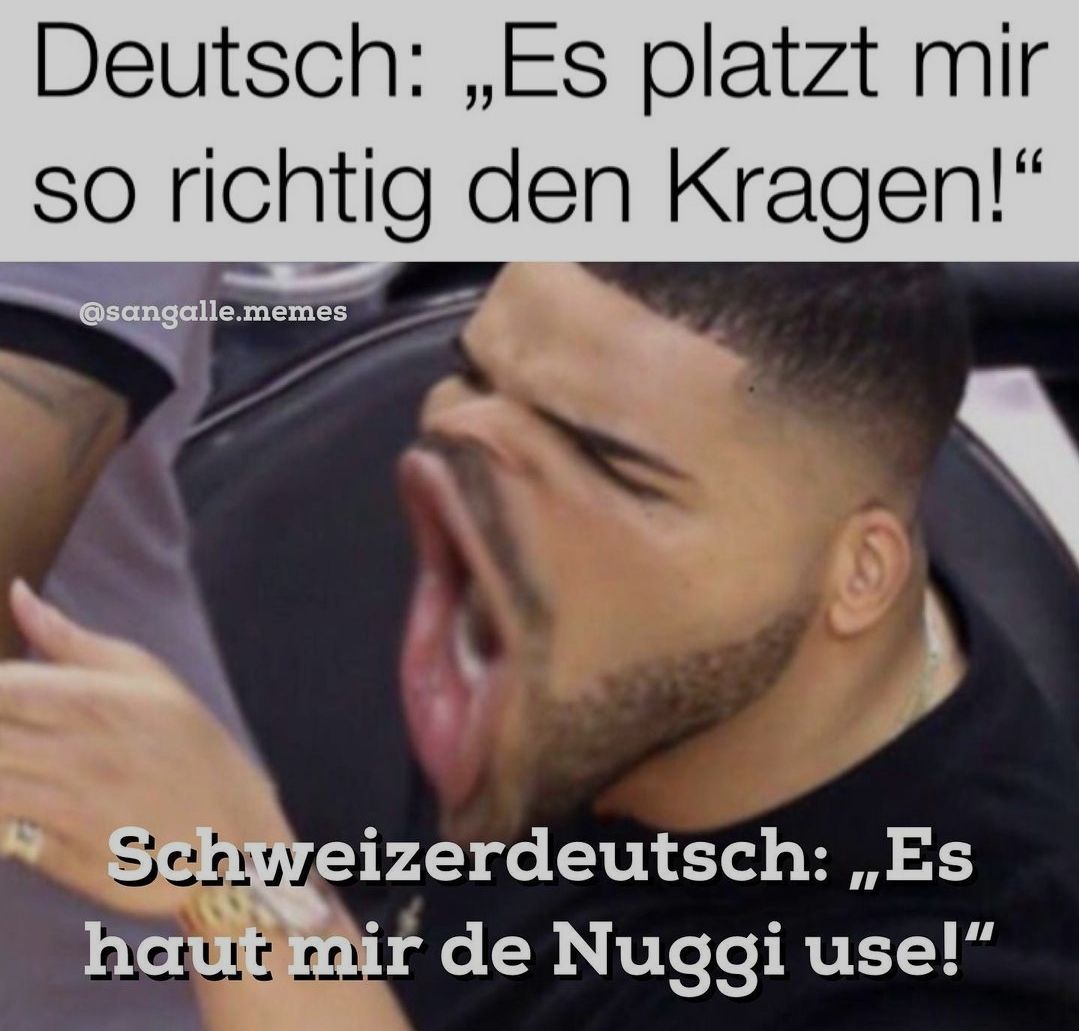 Deutsch: „Es platzt mir
so richtig den Kragen!"
@sangalle.memes
Schweizerdeutsch:,,Es
haut mir de Nuggi use!"