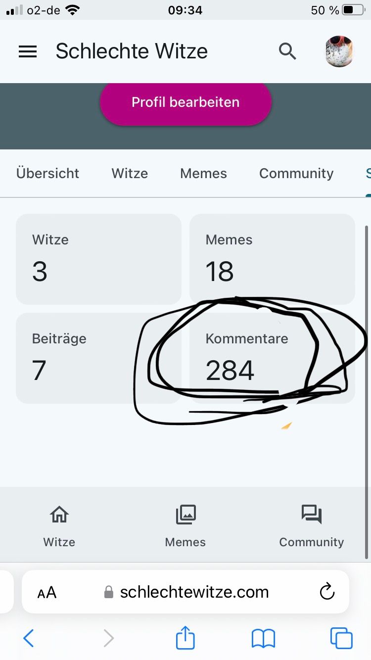 ■ 02-de
09:34
= Schlechte Witze
Q
Profil bearbeiten
50 %
Übersicht Witze
Memes
Community
Witze
3
Memes
18
Beiträge
7
Kommentare
284
Witze
Memes
Community
AA
<
schlechtewitze.com