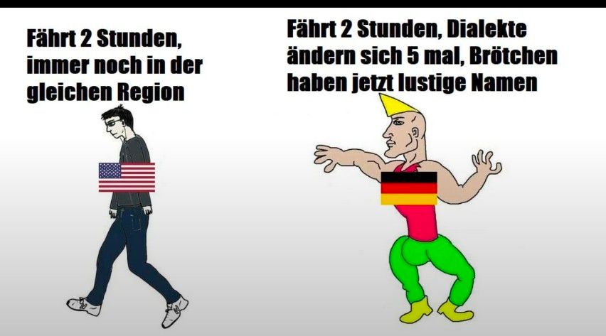 Fährt 2 Stunden,
immer noch in der
gleichen Region
Fährt 2 Stunden, Dialekte
ändern sich 5 mal, Brötchen
haben jetzt lustige Namen