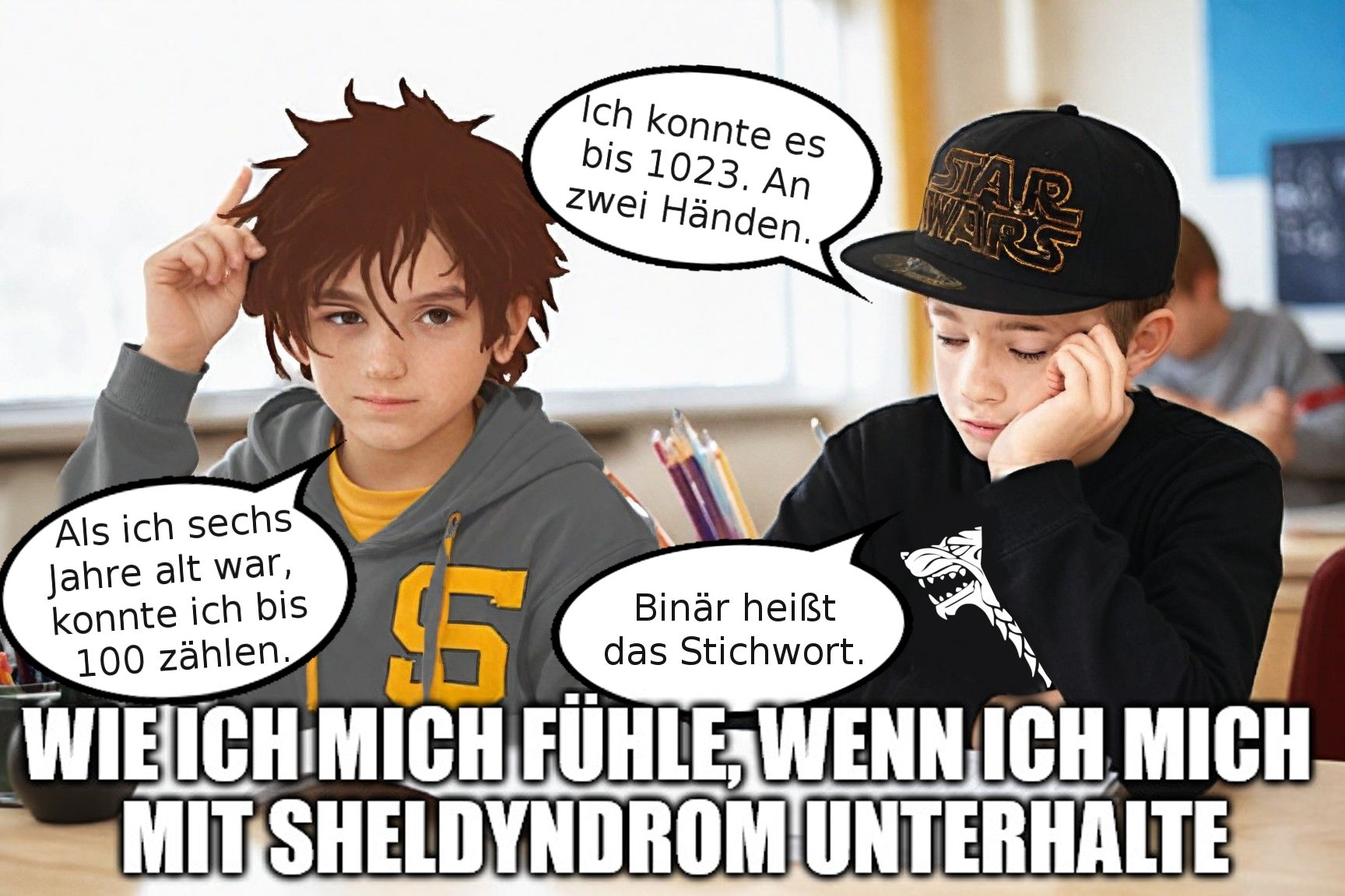 Ich konnte es
bis 1023. An
zwei Händen.
STAR
WAR
AR
Als ich sechs
Jahre alt war,
konnte ich bis
100 zählen.
$5
Binär heißt
das Stichwort.
WIE ICH MICH FÜHLE, WENN ICH MICH
MIT SHELDYNDROM UNTERHALTE