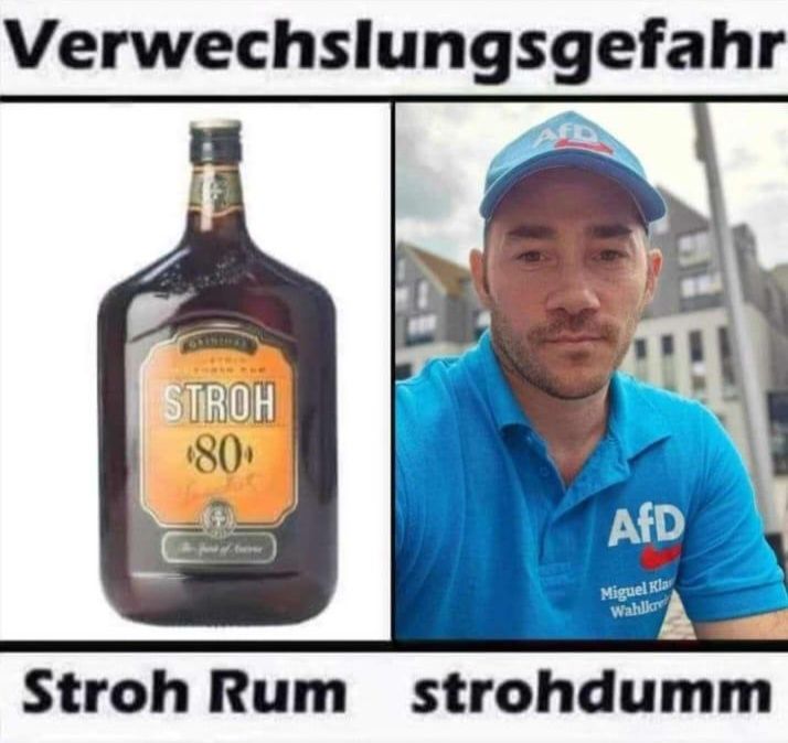 Verwechslungsgefahr
STROH
80+
AfD
Miguel Kla
Wahlkr
Stroh Rum strohdumm