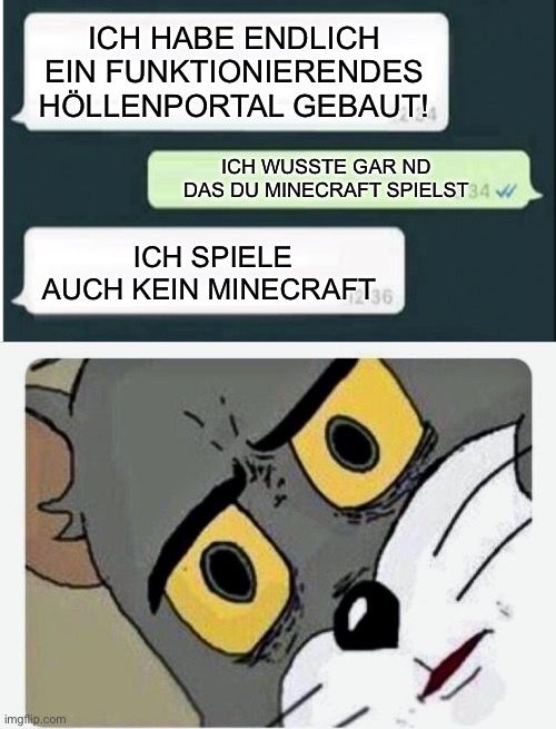 ICH HABE ENDLICH
EIN FUNKTIONIERENDES
HÖLLENPORTAL GEBAUT!
ICH WUSSTE GAR ND
DAS DU MINECRAFT SPIELST34 W
ICH SPIELE
AUCH KEIN MINECRAFT36
