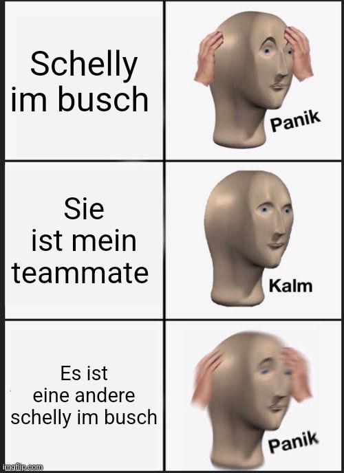 Schelly
im busch
Panik
Sie
ist mein
teammate
Kalm
Es ist
eine andere
schelly im busch

Panik