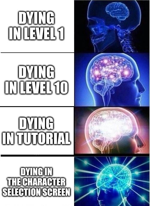 DYING
IN LEVEL 1
DYING
IN LEVEL 10
DYING
IN TUTORIAL
DYING IN
THE CHARACTER
SELECTION SCREEN