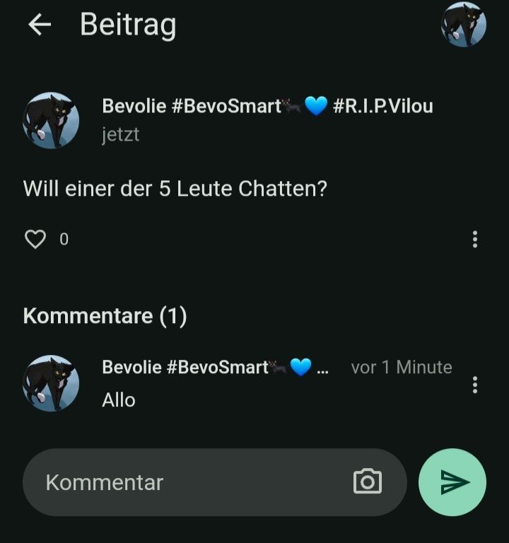 ← Beitrag
Bevolie #BevoSmart
#R.I.P.Vilou
jetzt
Will einer der 5 Leute Chatten?
0
Kommentare (1)
Bevolie #BevoSmart
vor 1 Minute
Allo
Kommentar
Λ