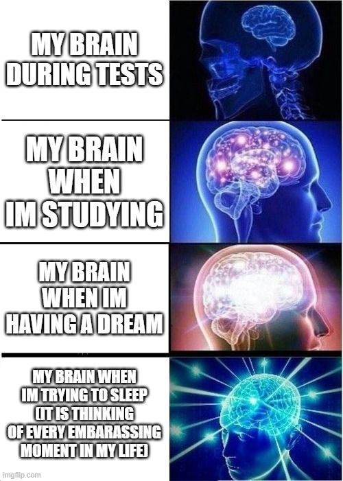 MY BRAIN
DURING TESTS
MY BRAIN
WHEN
IM STUDYING
MY BRAIN
WHEN IM
HAVING A DREAM
MY BRAIN WHEN
IM TRYING TO SLEEP
UIT IS THINKING
OF EVERY EMBARASSING
MOMENT IN MY LIFE)
