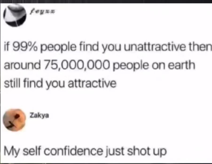 if 99% people find you unattractive then
around 75,000,000 people on earth
still find you attractive
Zakya
My self confidence just shot up