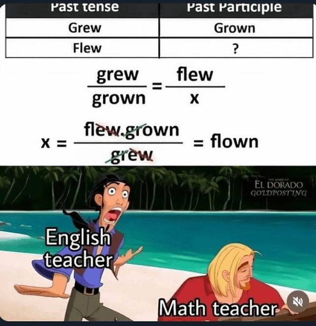 Past tense
Past Participle
X =
Grew
Flew
grew
flew
grown
X
Grown
?
flew.grown
grèw
= flown
EL DORADO
GOLDPOSTING
English
teacher
Math teacher