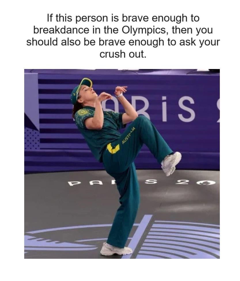 If this person is brave enough to
breakdance in the Olympics, then you
should also be brave enough to ask your
crush out.
SPRIS
AUSTONIA
PAI
S
20