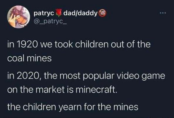 patryc dad/daddy 18
@_patryc_
in 1920 we took children out of the
coal mines
in 2020, the most popular video game
on the market is minecraft.
the children yearn for the mines